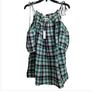 Max Studio Green and Black Plaid Cold Shoulder Top Size Small